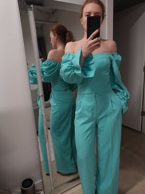 Off-Shoulder Puff Sleeve Wide-Leg Jumpsuit in Aqua Turqoise